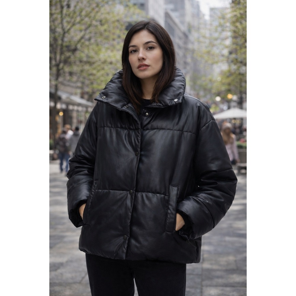 Bagatelle NYC Black Faux Leather Puffer Coat Snap Front Oversized Winter Jacket